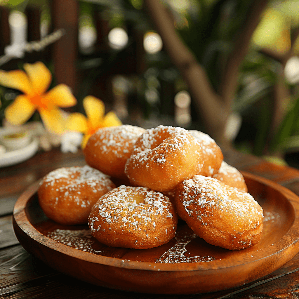 Sata Andagi, Okinawan doughnuts with a crispy exterior and soft, cake-like interior, dusted with powdered sugar."