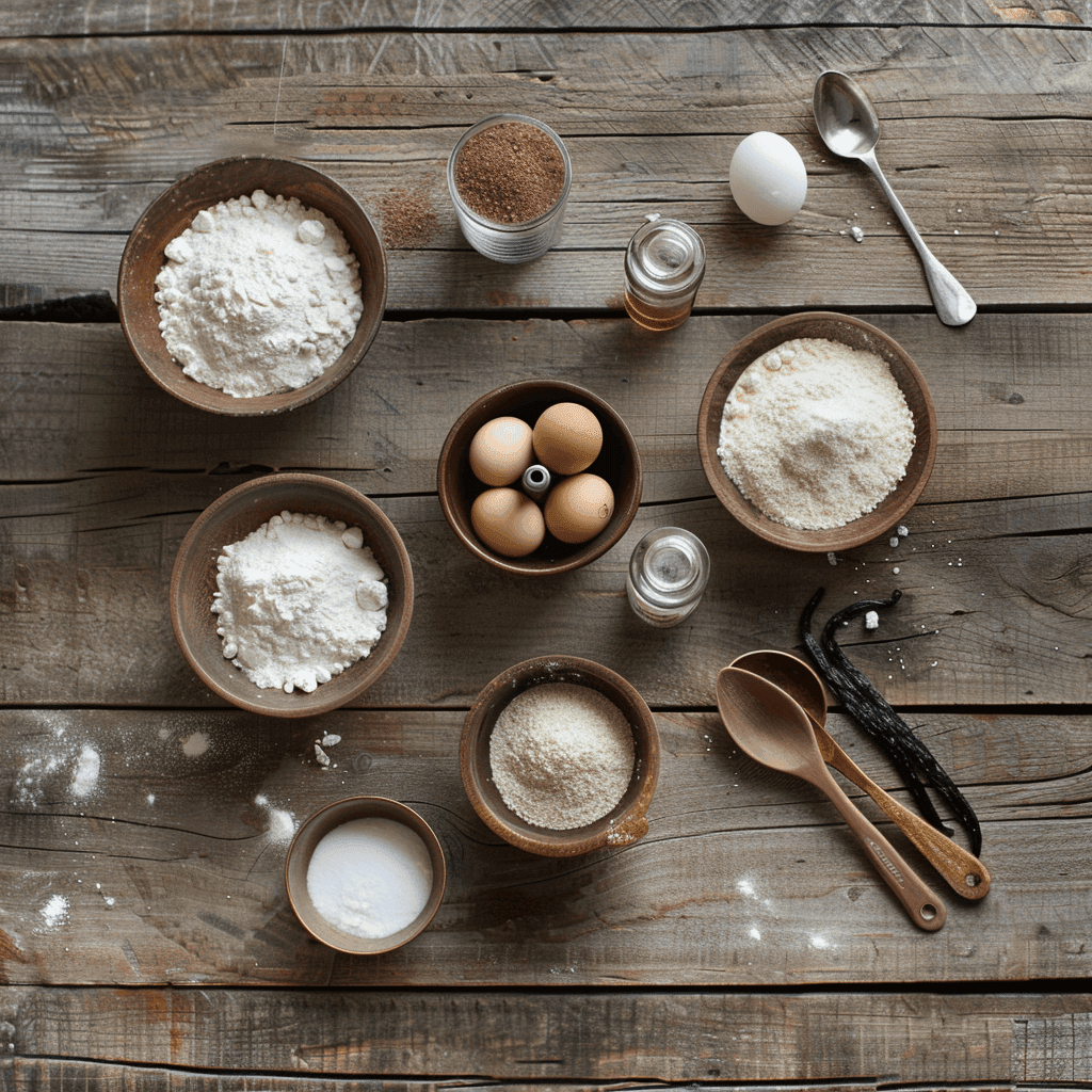 Ingredients for Sata Andagi including flour, sugar, eggs, and baking powder