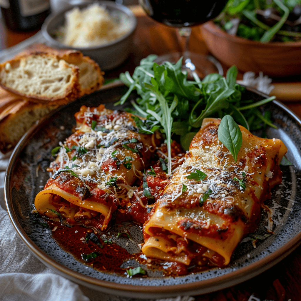 Lasagna rollups served on a plate with garlic bread and arugula salad, garnished with Parmesan and basil.