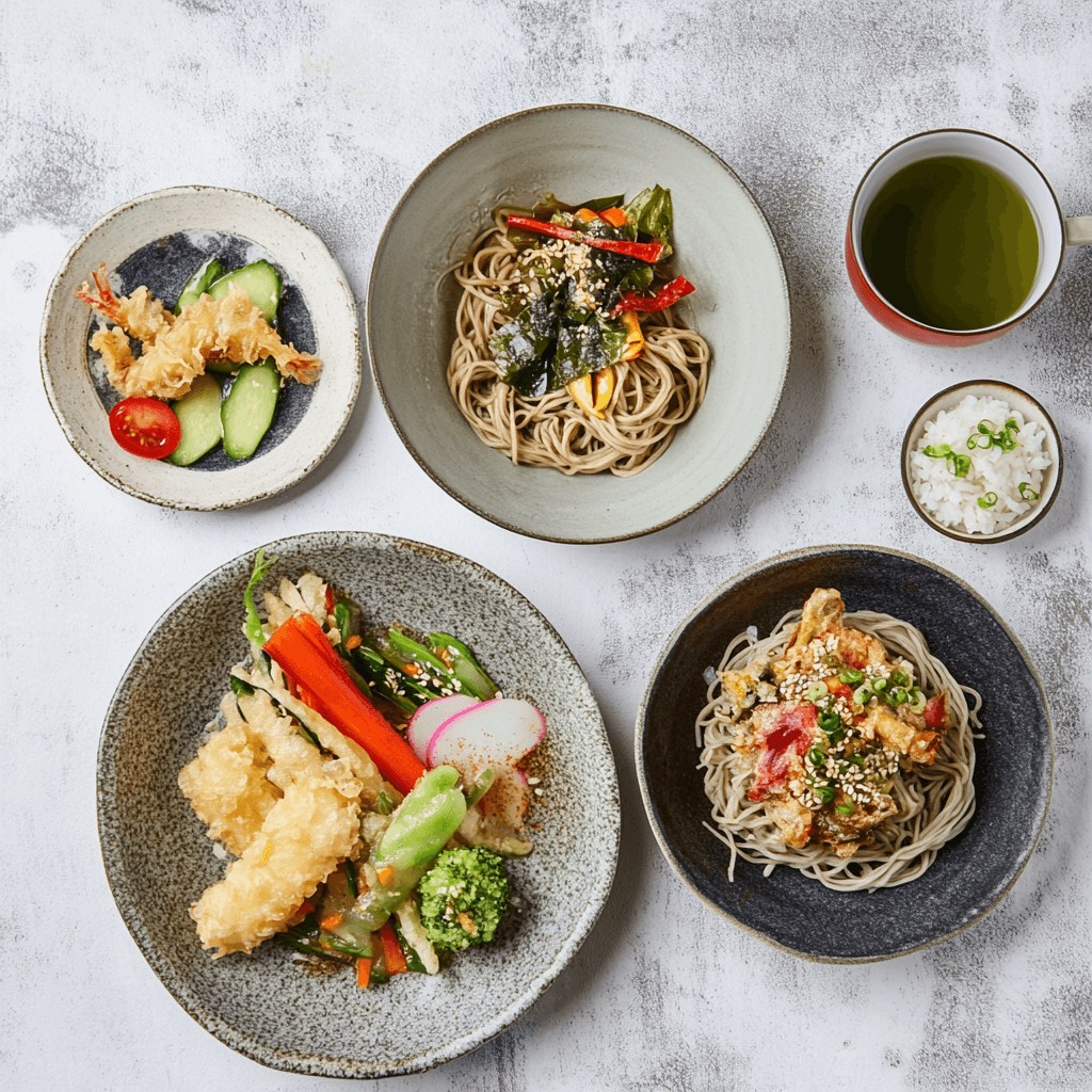 A bowl of Okinawa Soba served with pickled vegetables and tea