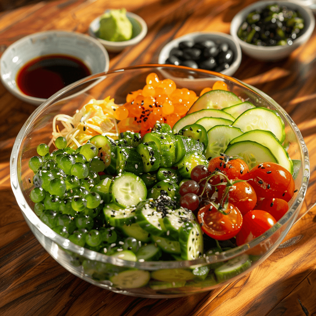 Umibudo salad served in a bowl, featuring sea grapes, cucumber, cherry tomatoes, and a light sesame dressing.