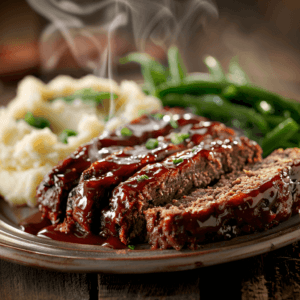 Cracker Barrel Meatloaf slice with glaze and sides