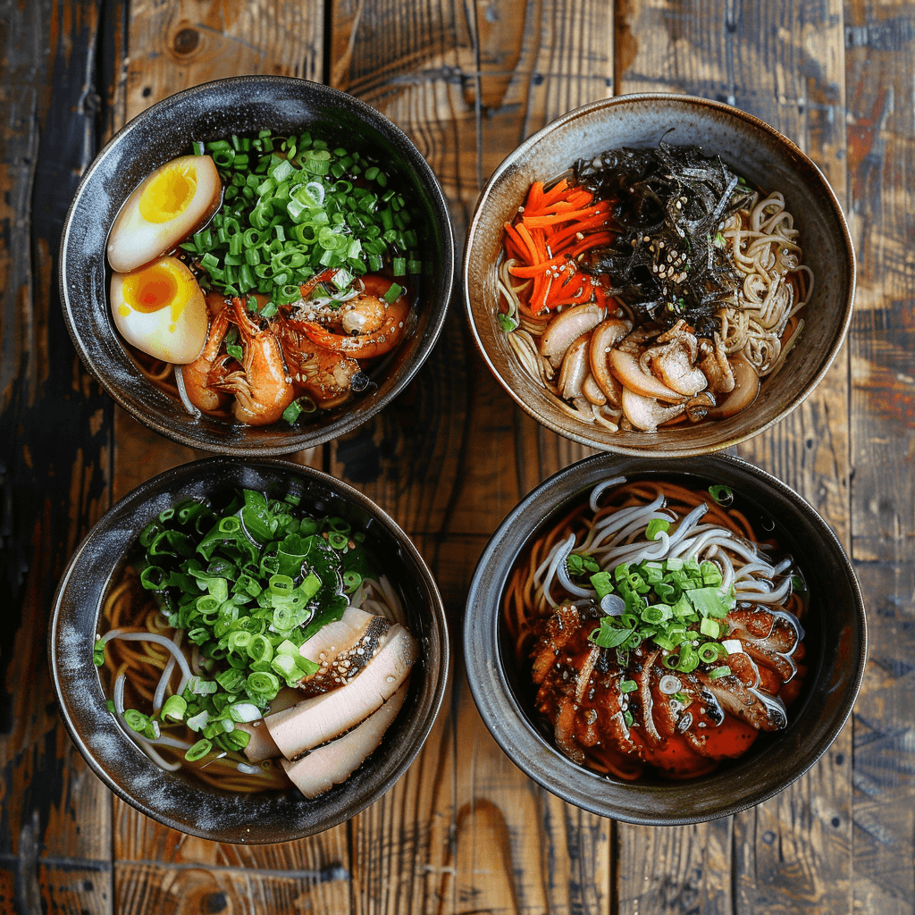  bowls of Okinawa Soba with different toppings and variations