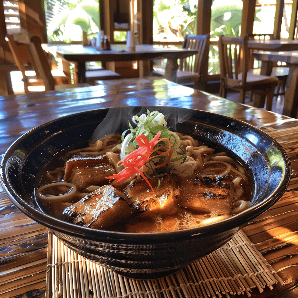 Okinawa Soba, a comforting noodle soup with thick wheat noodles, pork belly, and a savory broth