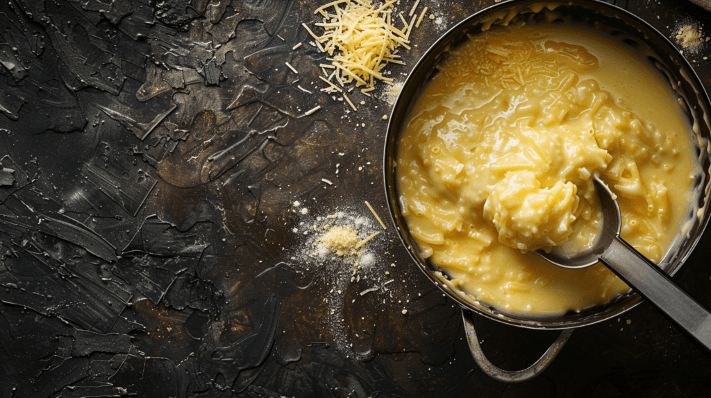 A pot of pasta being mixed with creamy cheese sauce in a saucepan.