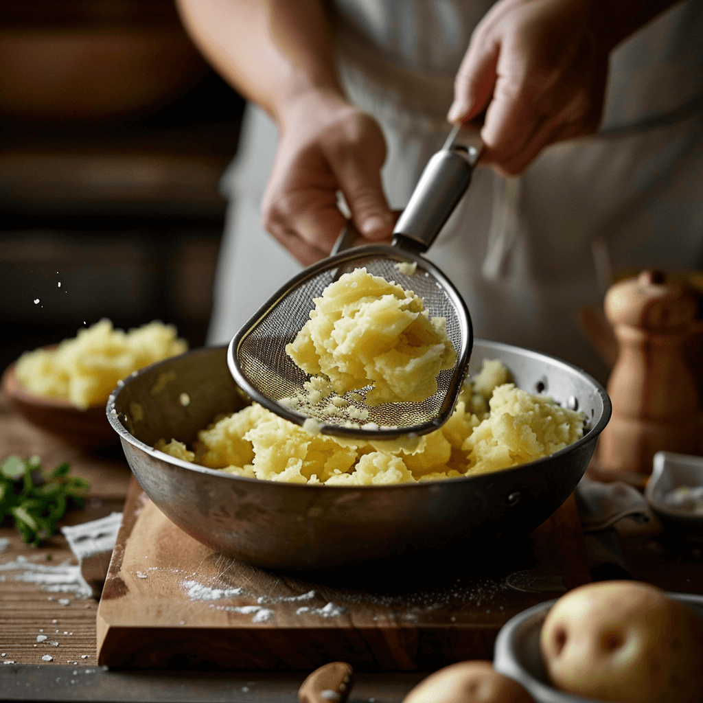 Hands using a potato masher to mash boiled potatoes in a pot.