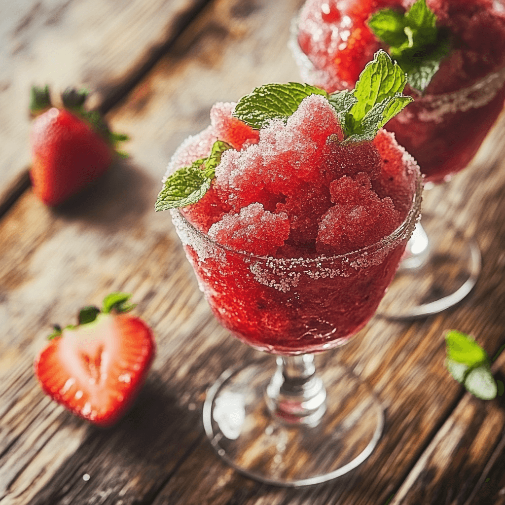 Fresh Strawberry Granita in a glass, garnished with mint leaves and strawberry slices, perfect for summer desserts.