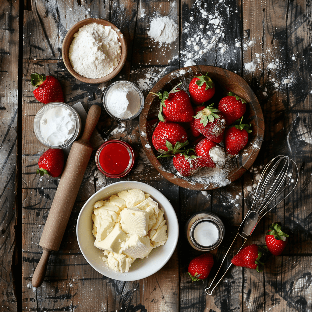 Essential ingredients for strawberry shortcake, including fresh strawberries, homemade whipping cream, flour, butter, sugar, vanilla extract, and baking powder.