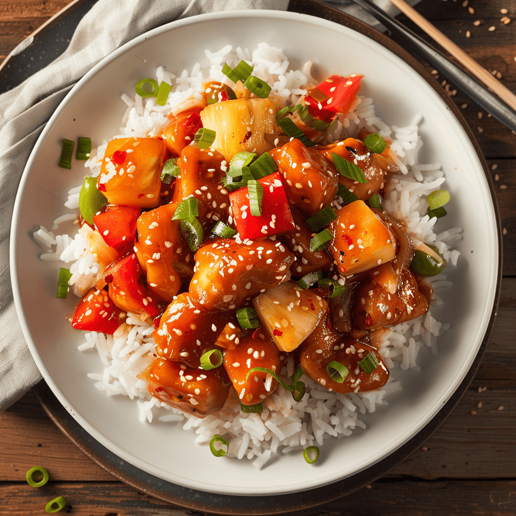 A plate of sweet and sour chicken on steamed rice, garnished with green onions