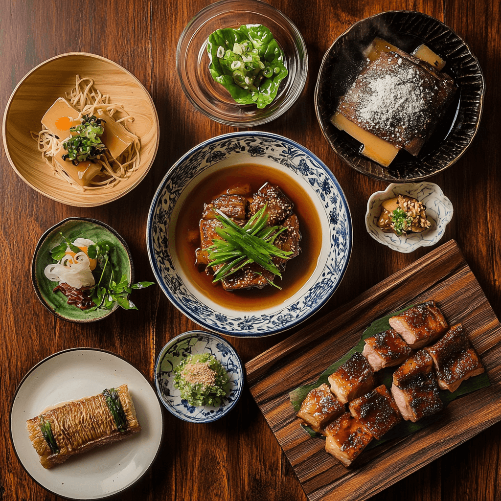 A flat lay of traditional Okinawan dishes, including Goya Champuru, Okinawa Soba, Rafute, Sata Andagi, and Umibudo Salad, beautifully arranged on a rustic wooden table with tropical accents."