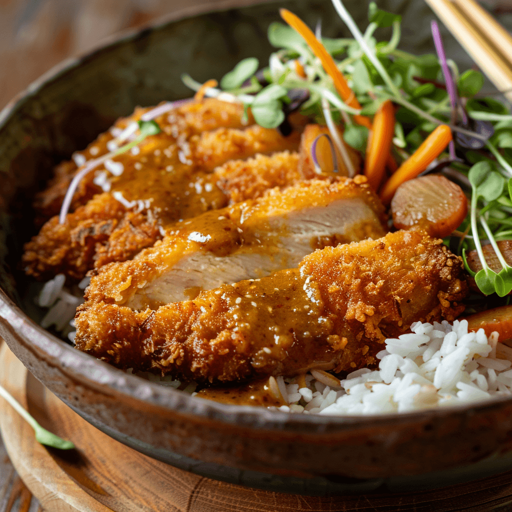 Crispy chicken katsu with golden panko crust, served over steamed rice with rich Japanese curry sauce, garnished with fukujinzuke pickles and microgreens.