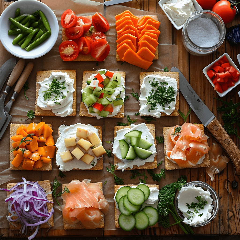 Triscuit crackers topped with brie cheese, honey drizzle, and apple slices.