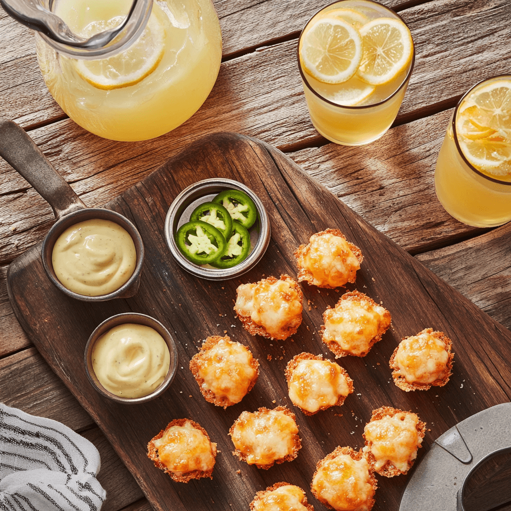 Crabbies on a wooden cutting board with a side of dipping sauces and refreshing lemonade.