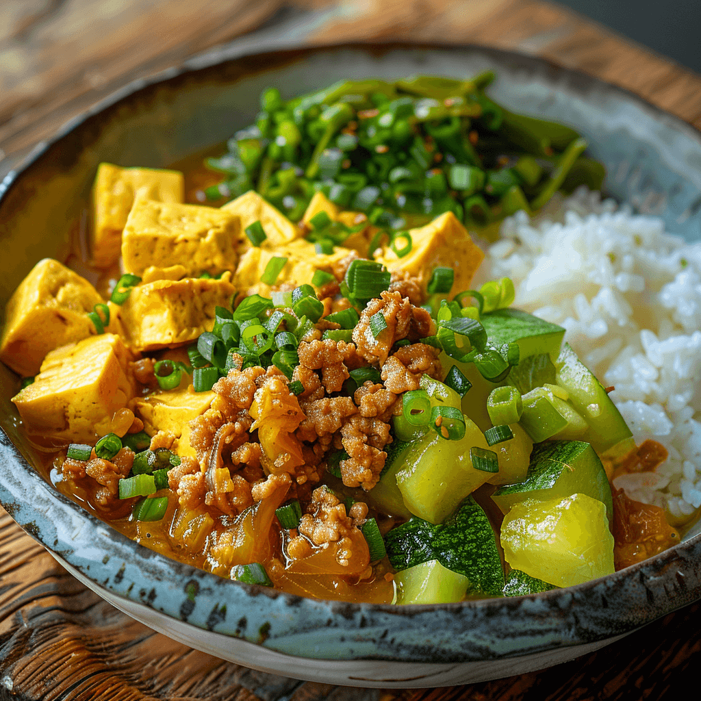 Okinawan Goya Champuru with bitter melon, tofu, eggs, and pork served in a bowl with steamed rice.