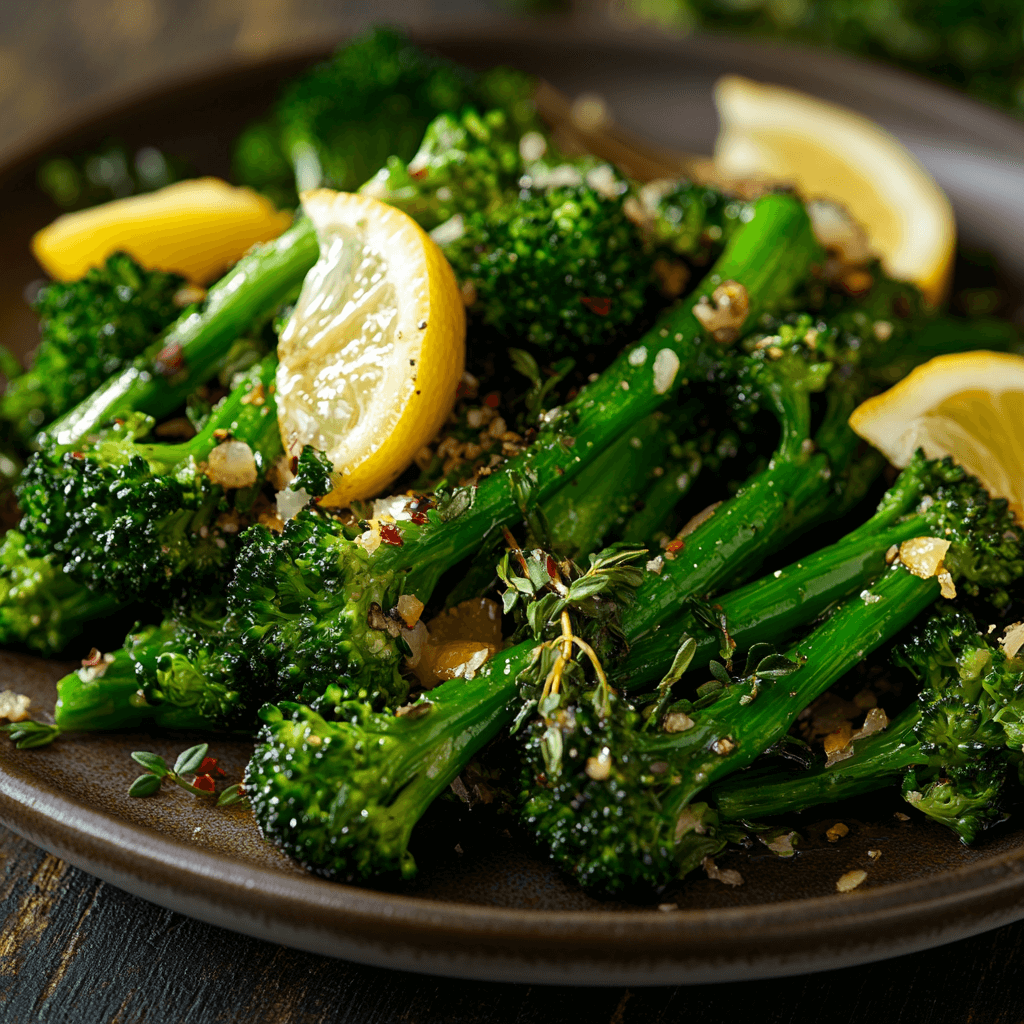 Beautifully plated sautéed broccolini with lemon slices and fresh herbs