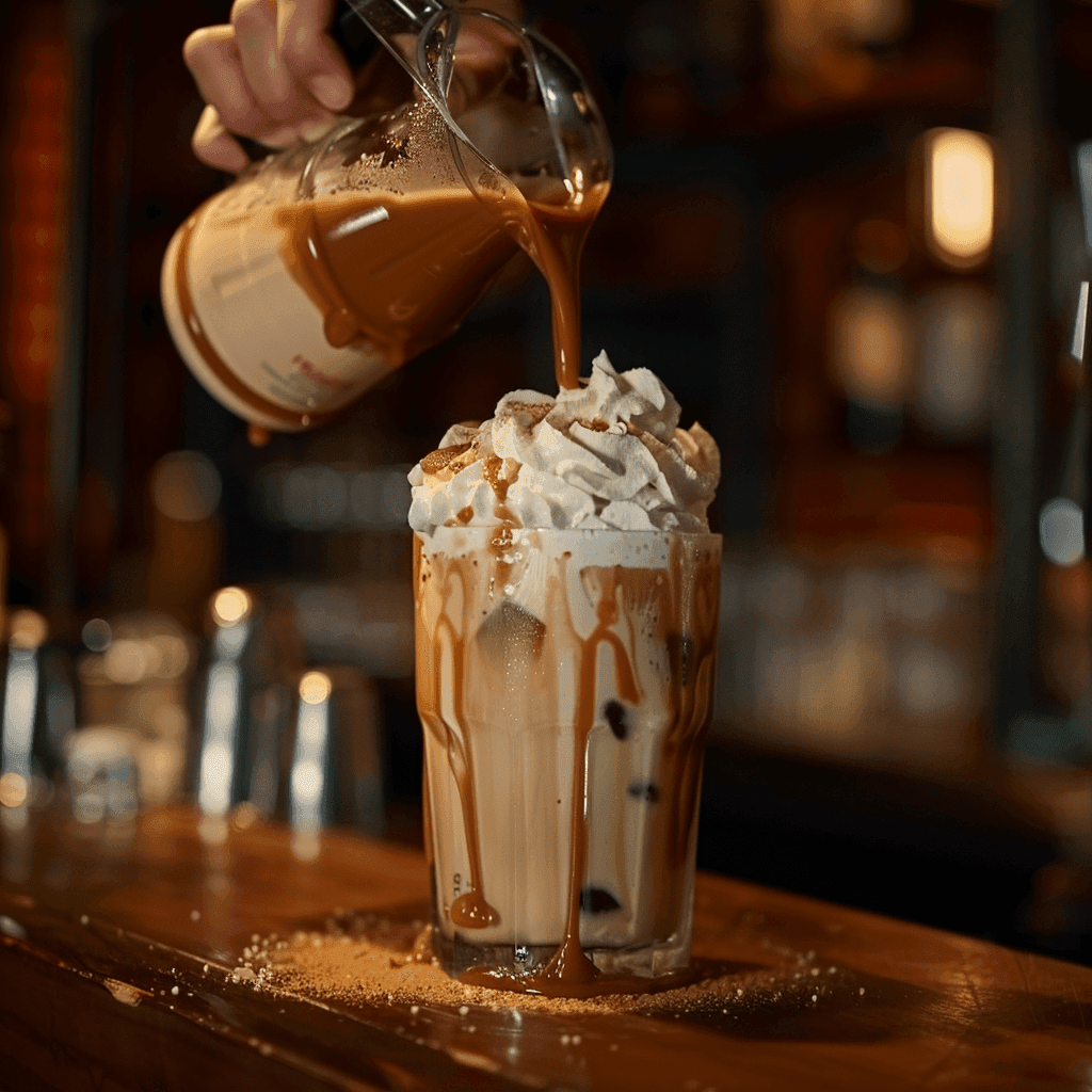 Homemade Coffee Frappuccino in a chilled glass with whipped cream and caramel drizzle