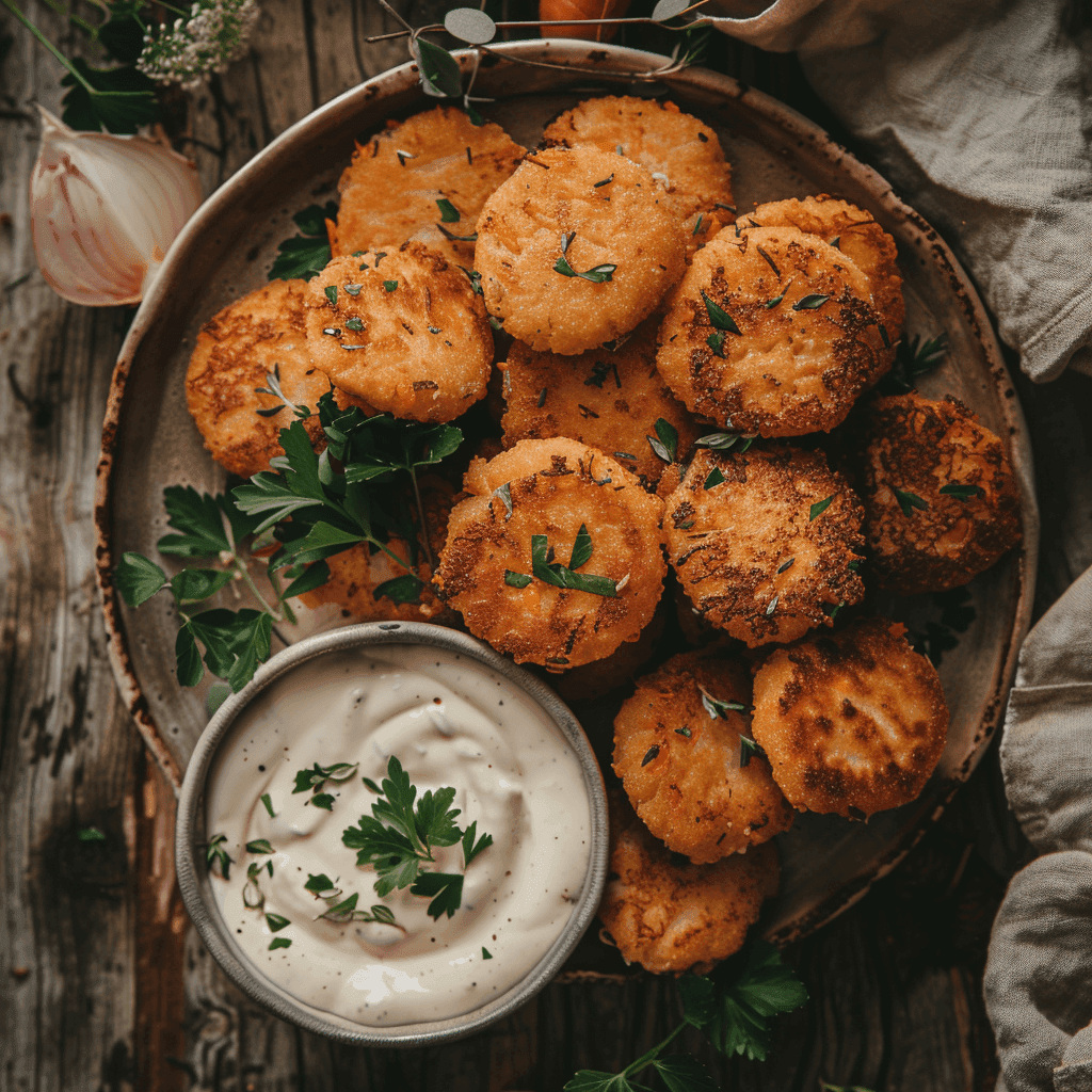 Crispy golden potato and carrot fritters on a rustic plate with dipping sauce