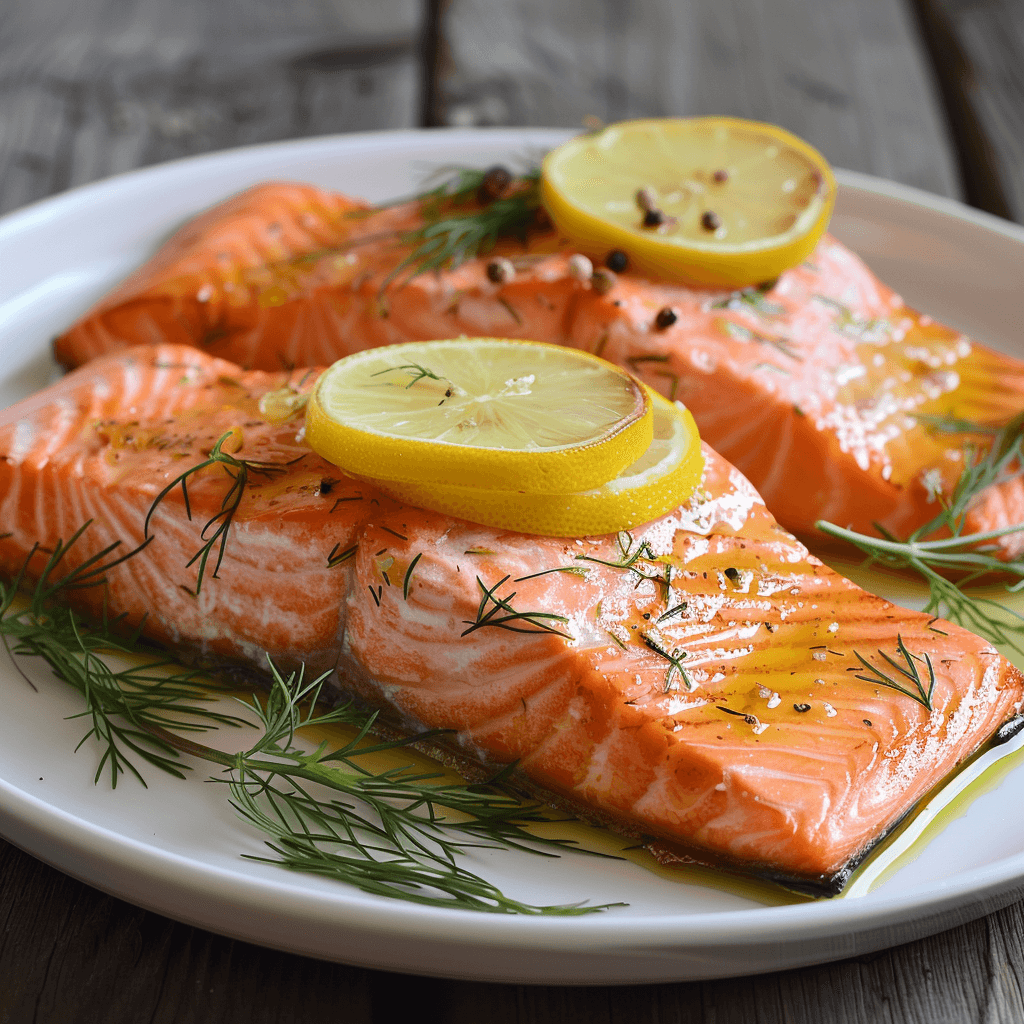 Close-up of perfectly baked salmon fillets with lemon slices and fresh herbs, showcasing a delicious baked salmon recipe.