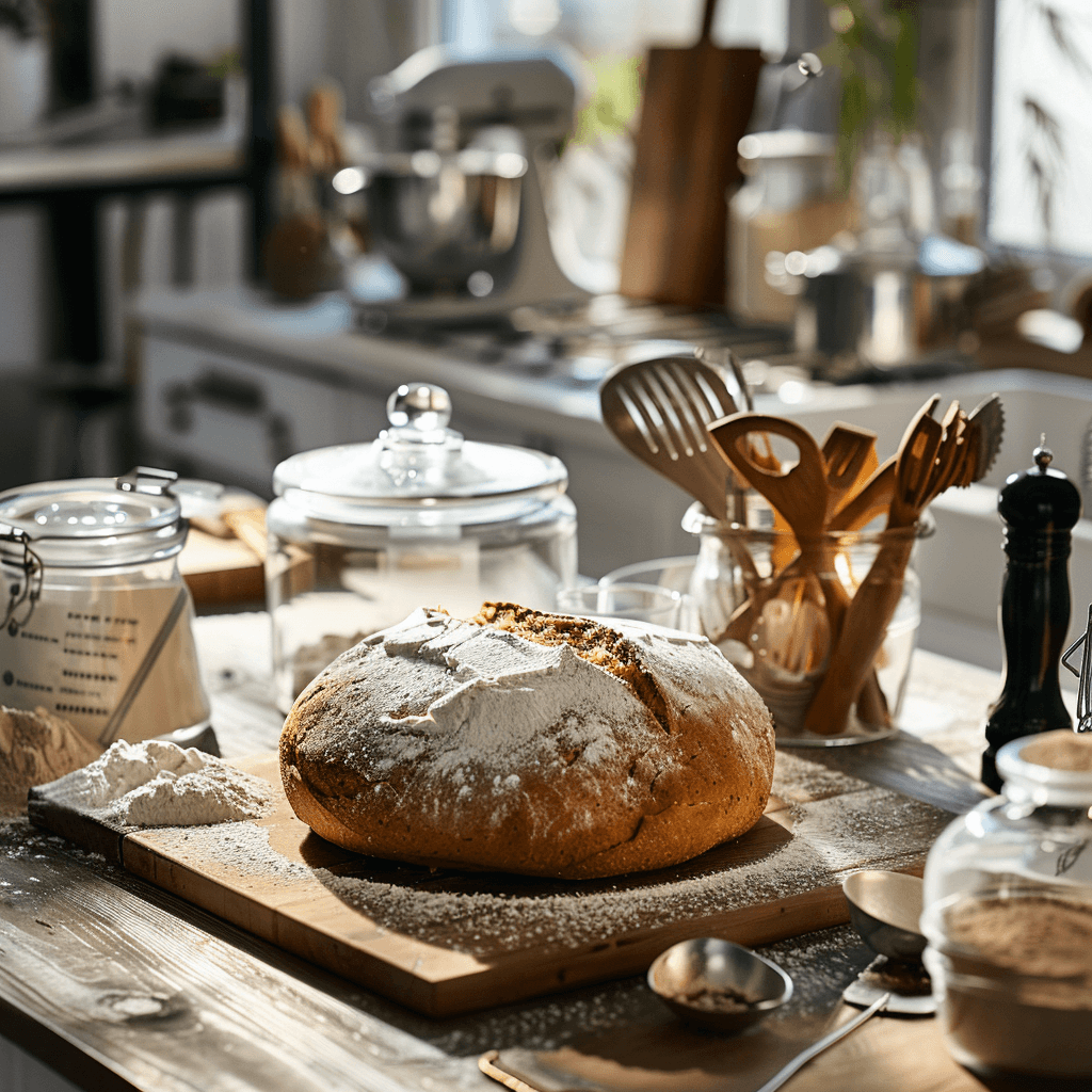 Modern kitchen countertop displaying assorted gluten free flours, a digital kitchen scale, baking utensils, and a freshly baked gluten free bread, highlighting expert gluten free baking tips.