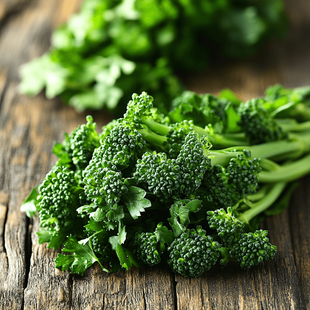 Fresh bunches of vibrant green broccolini on a rustic wooden table