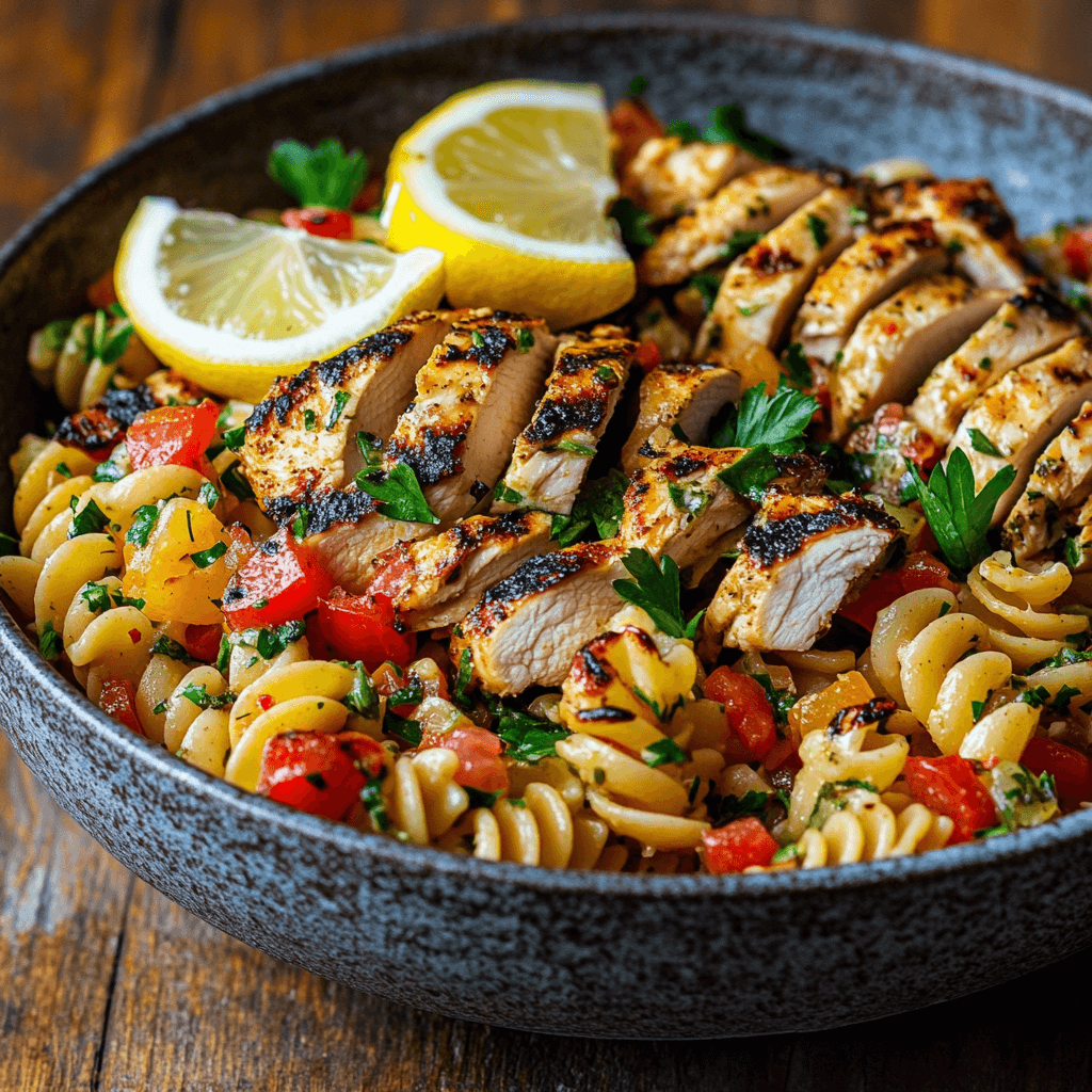 Greek pasta salad topped with grilled chicken slices to form a complete meal