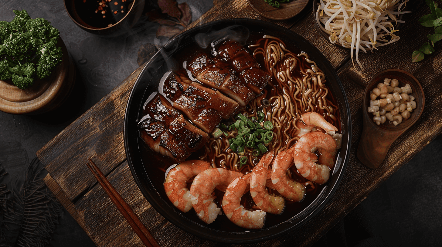 Overhead view of a steaming plate of Hokkien Noodles with shrimp, pork, and vegetables, showcasing the rich, dark sauce and smoky wok hei.