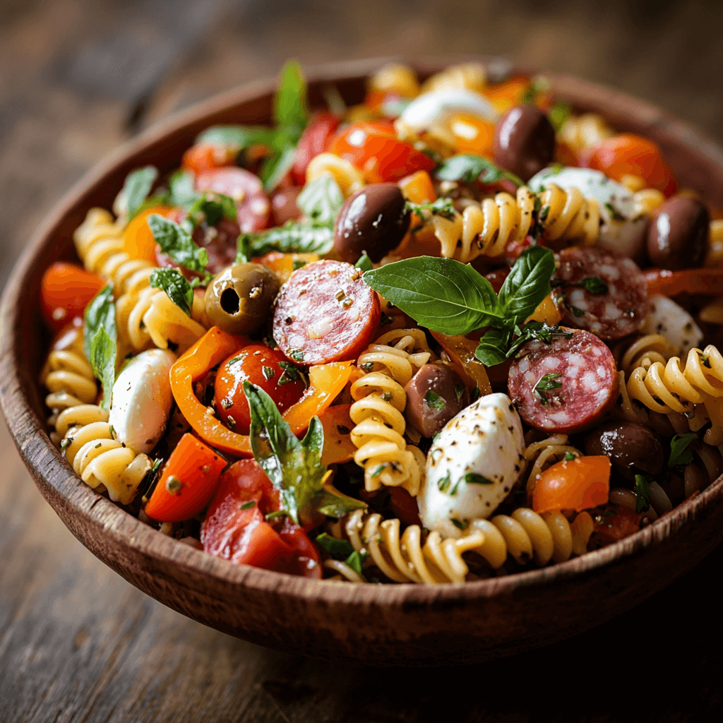 Vibrant Italian pasta salad in a rustic bowl with rotini pasta, cherry tomatoes, bell peppers, fresh mozzarella, salami, olives, and herbs