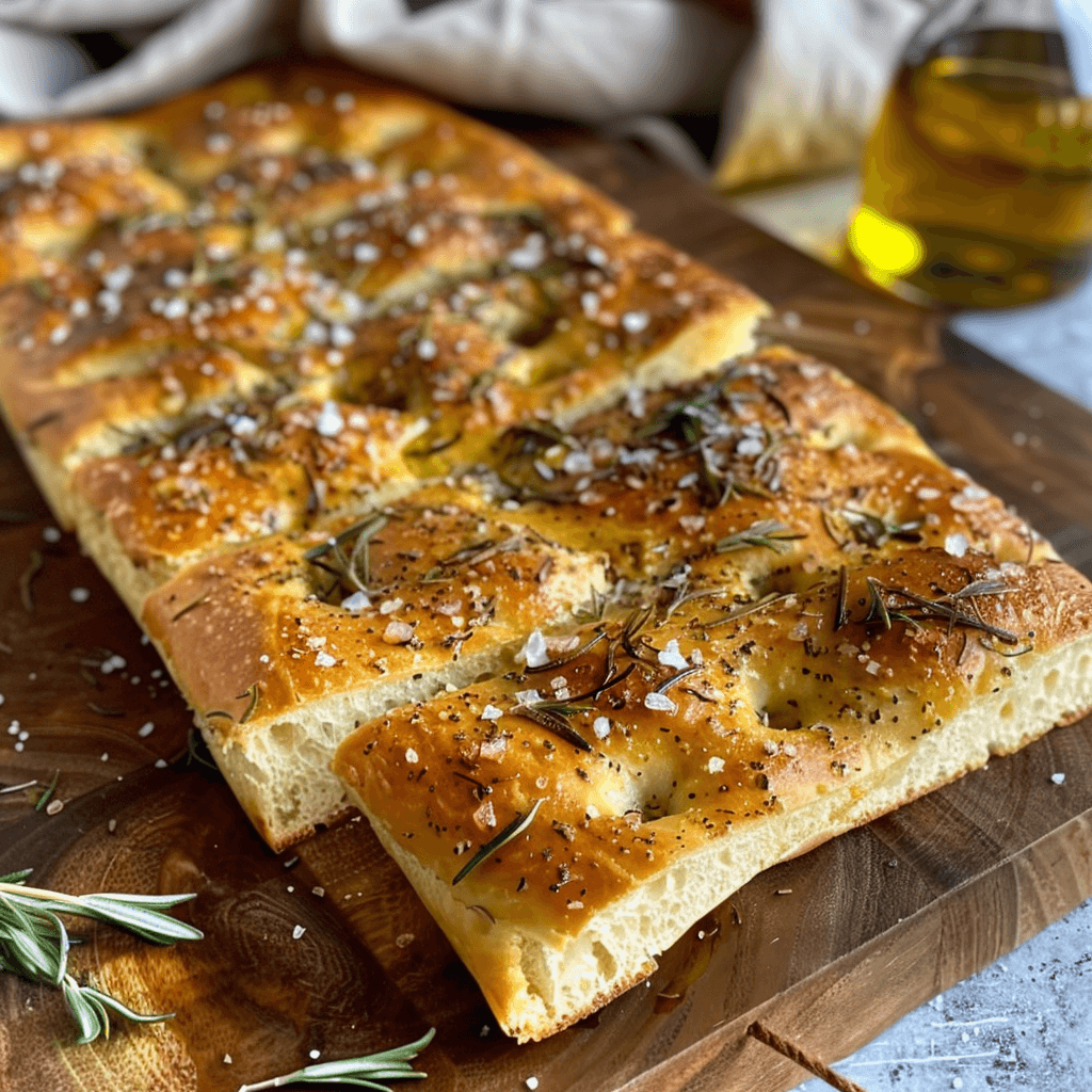 Golden brown no knead focaccia recipe topped with rosemary and sea salt, showcasing its airy texture.