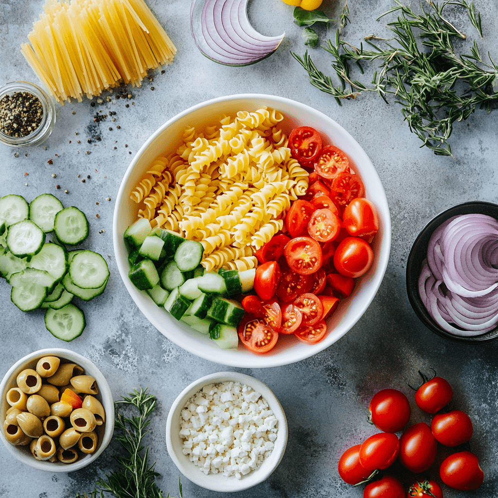 Chopped fresh vegetables and al dente pasta in a large bowl ready for mixing into a Greek pasta salad