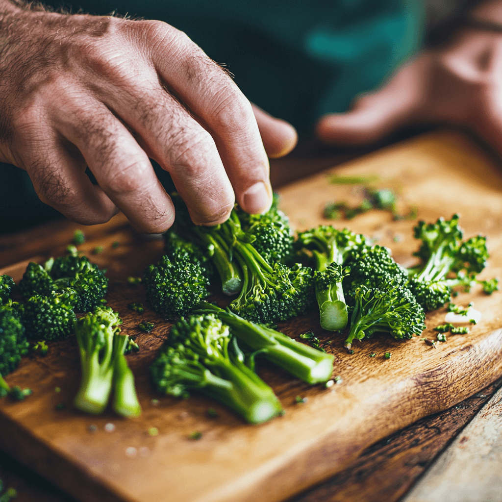Hands trimming and halving broccolini on a cutting board