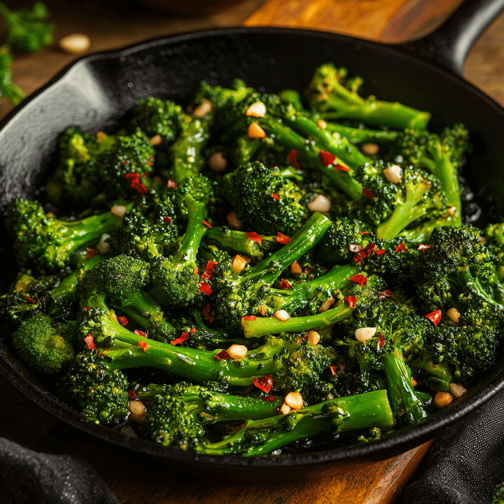Broccolini sizzling in a skillet with garlic and red pepper flakes