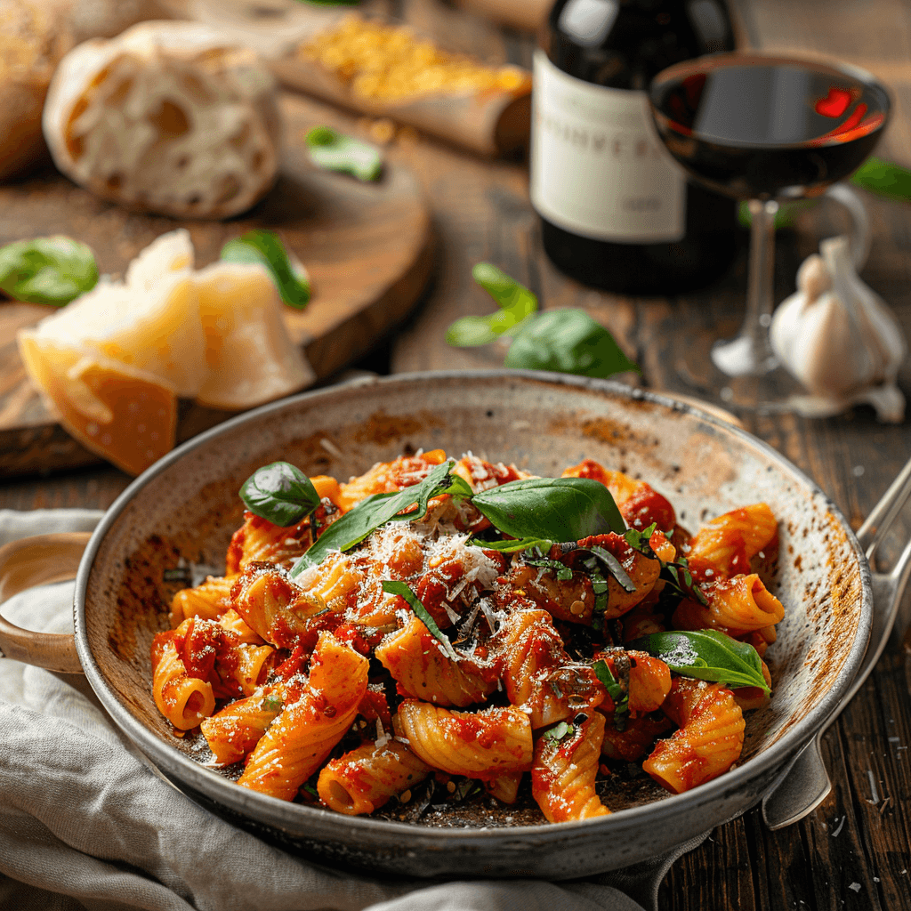 Bowl of spicy pasta with red tomato sauce, basil, and Parmesan cheese on a rustic table.