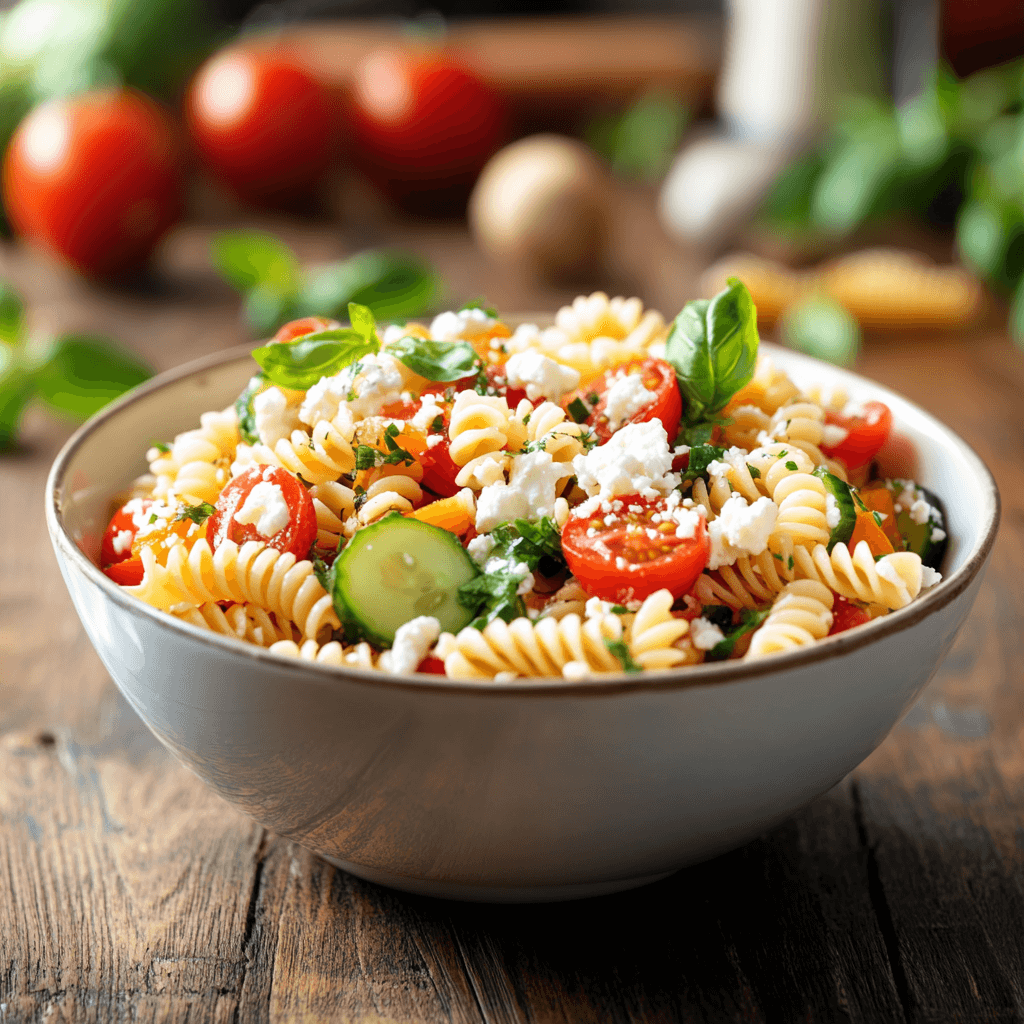 A bowl of colorful pasta salad featuring fusilli, halved cherry tomatoes, sliced cucumbers, diced red bell peppers, and crumbled feta on a rustic wooden table.