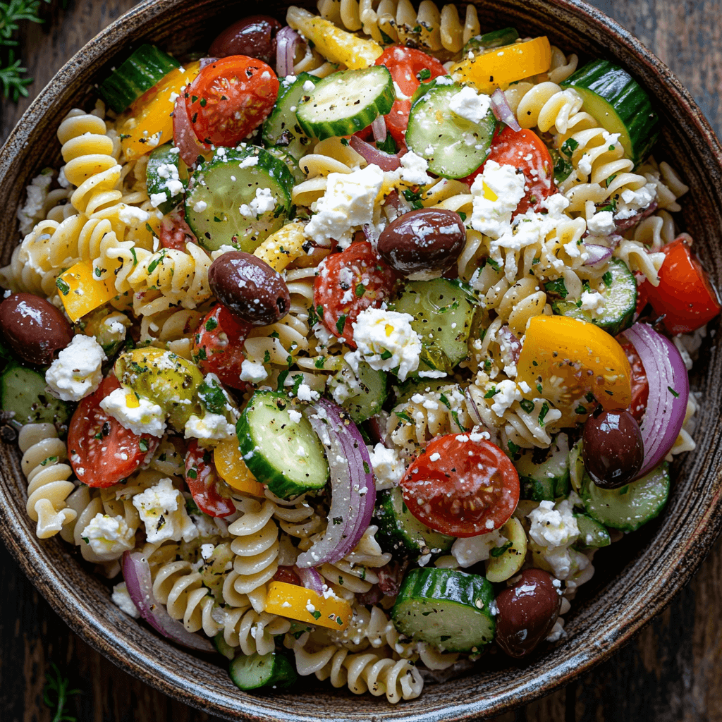 Colorful Greek pasta salad featuring fusilli pasta, tomatoes, cucumbers, red onions, olives, and crumbled feta cheese