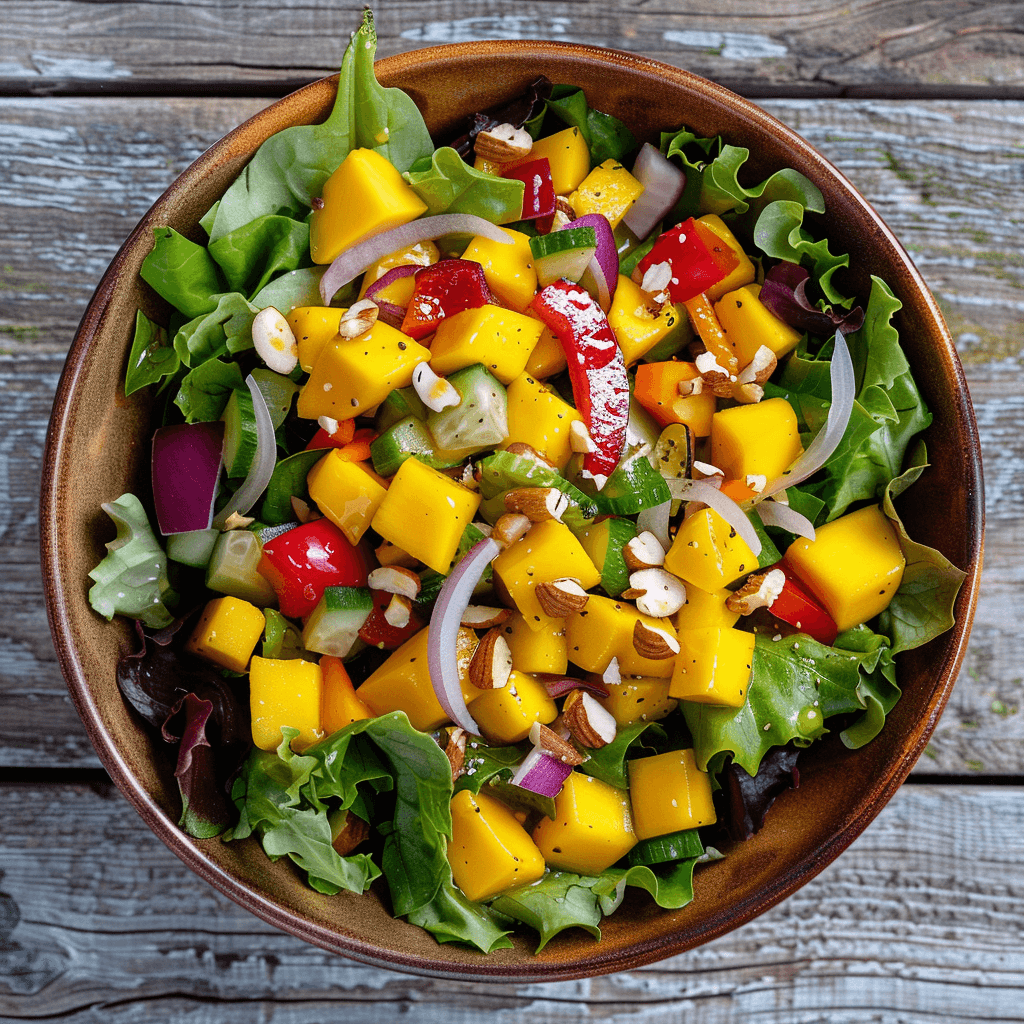 A vibrant bowl of mango salad with fresh greens, red bell pepper, and a zesty citrus dressing