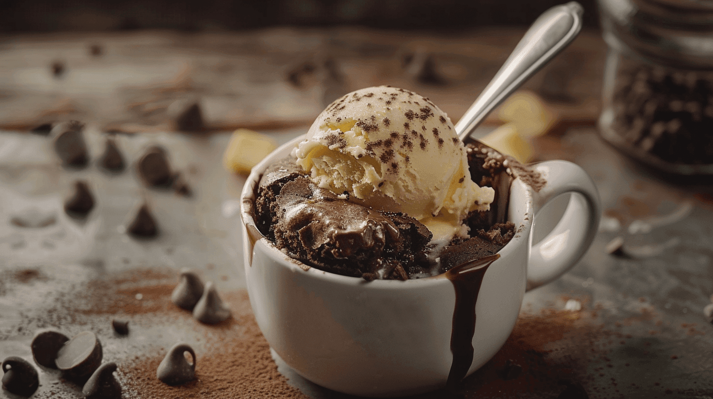 Warm and gooey 5-minute mug brownie recipe with melting ice cream and chocolate chips.