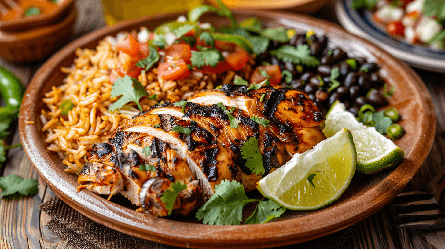 Deliciously plated Pollo Asado with rice, beans, and lime wedges.