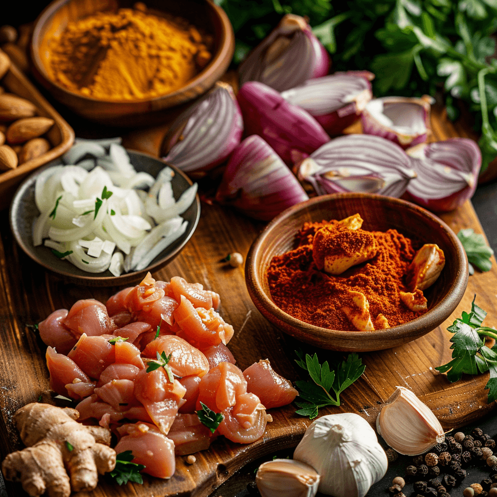 Close-up of fresh ingredients for Simple Chicken Curry, including spices, onions, garlic, and ginger