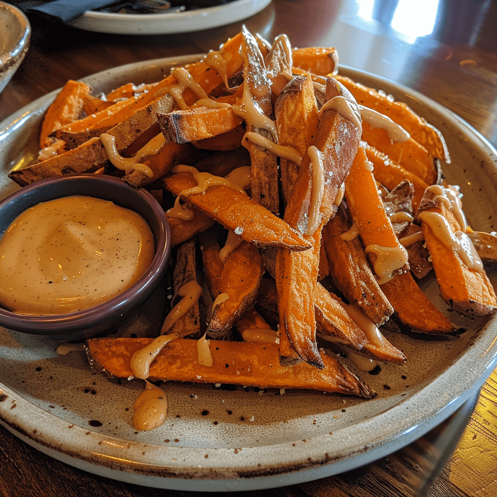 Golden brown crispy sweet potato fries piled high on a plate, drizzled with creamy maple mustard sauce.