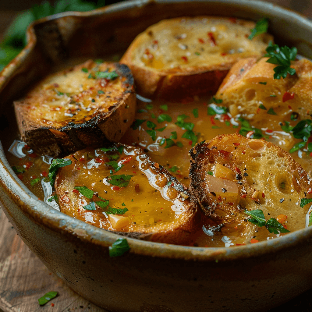 Bowl of Spanish Garlic Soup with toasted bread and parsley garnish