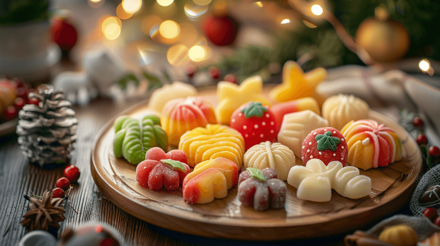 Colorful homemade marzipan candies shaped like fruits and animals.