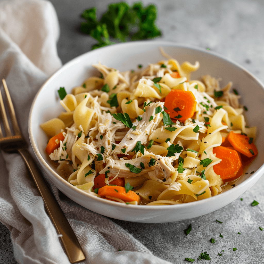 White bowl of chicken and noodles with a fork and napkin on a concrete countertop