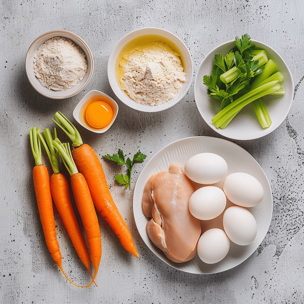 Raw ingredients for chicken and noodles arranged neatly on a concrete counter