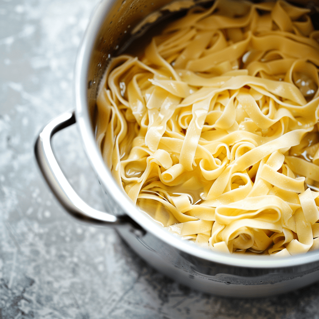 Fresh noodles cooking in chicken broth in a stainless steel pot on a concrete countertop