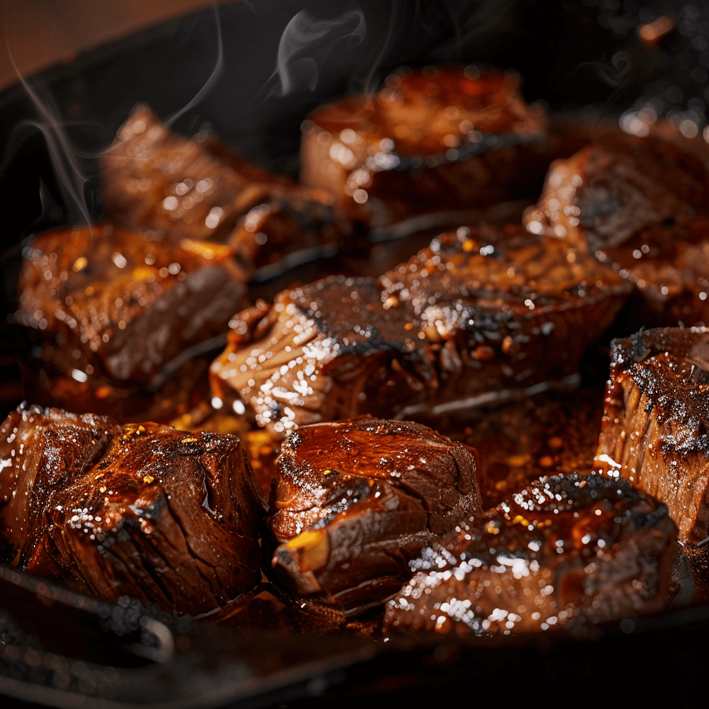 Beef searing to golden perfection in a Dutch oven
