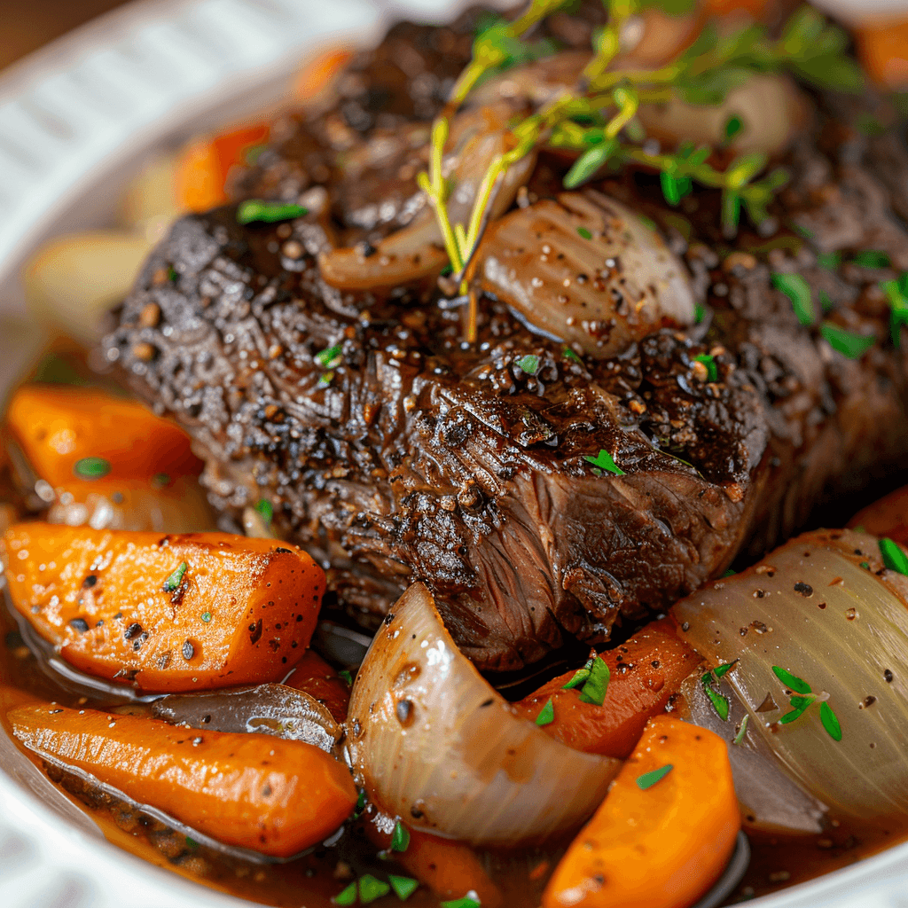 Tender pot roast with vibrant vegetables on a platter