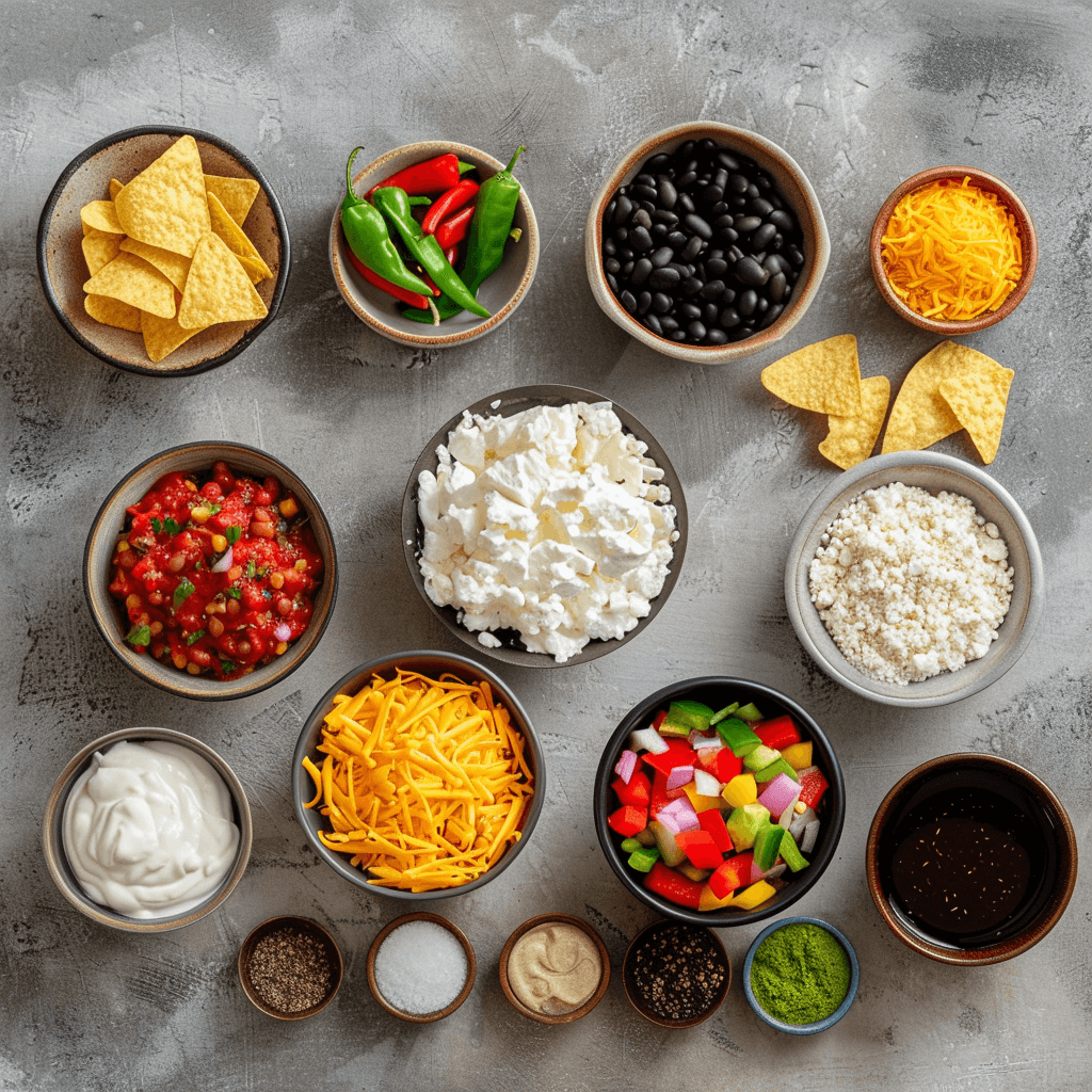 Flat lay of fresh ingredients for cottage cheese enchilada bowl: chicken, cottage cheese, salsa, bell peppers, shredded cheese, spices, black beans, corn, and tortilla chips.