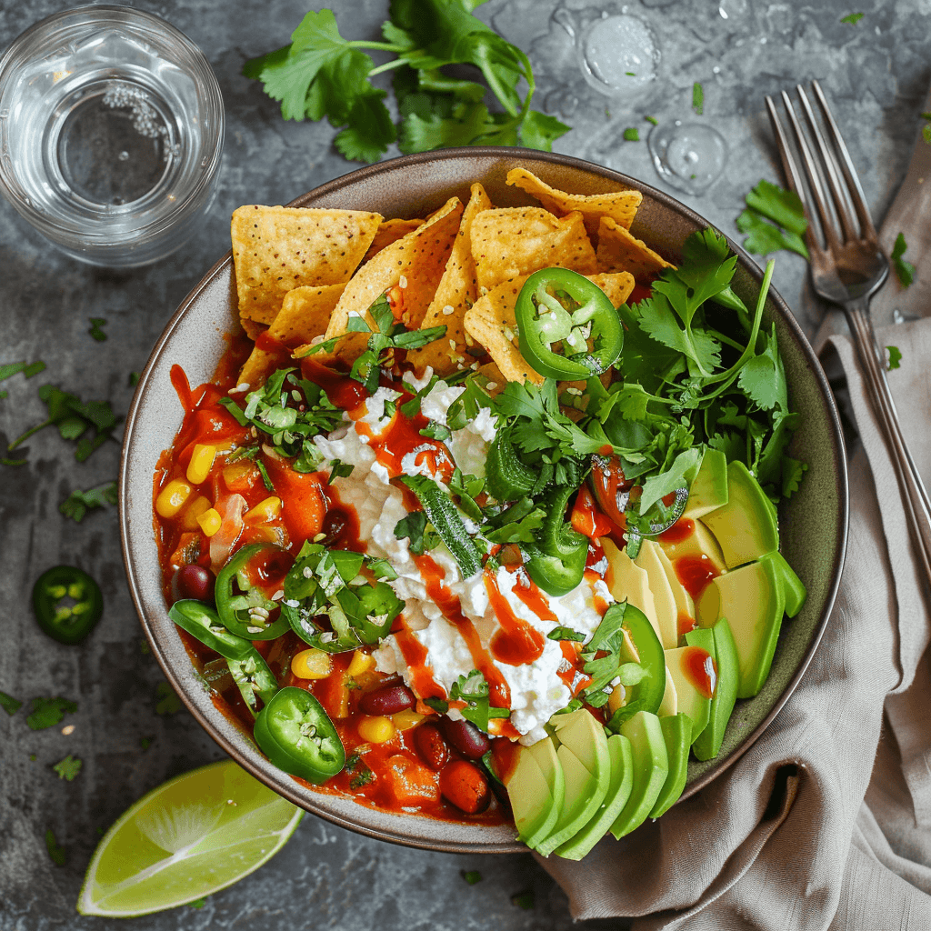 Served enchilada bowl with melted cheese, avocado, jalapeños, cilantro, and hot sauce, with lime, chips, and a glass of water.