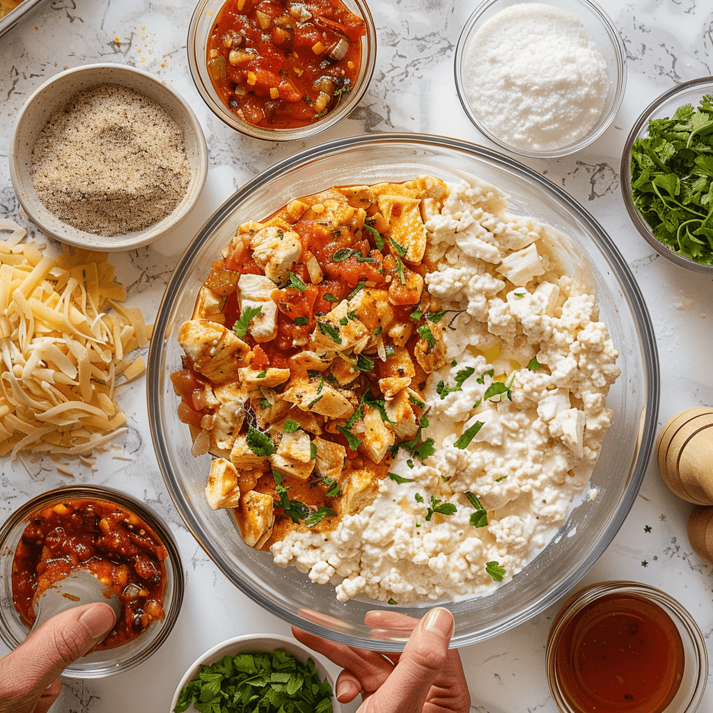 Step-by-step preparation of a cottage cheese enchilada bowl: draining cheese, mixing chicken and salsa, adding spices, and topping with cheese before microwaving or baking.