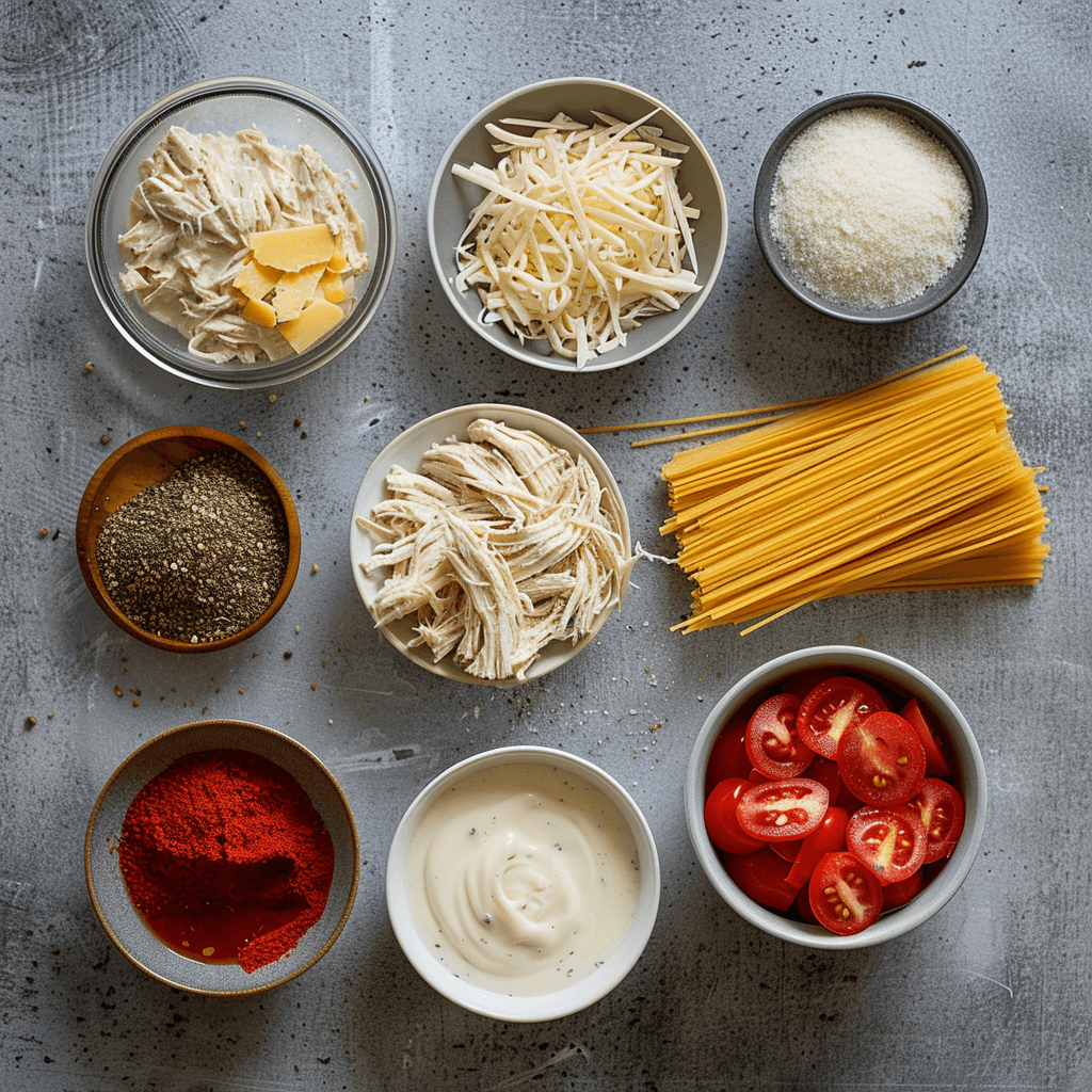 Chicken spaghetti ingredients laid out on a kitchen counter